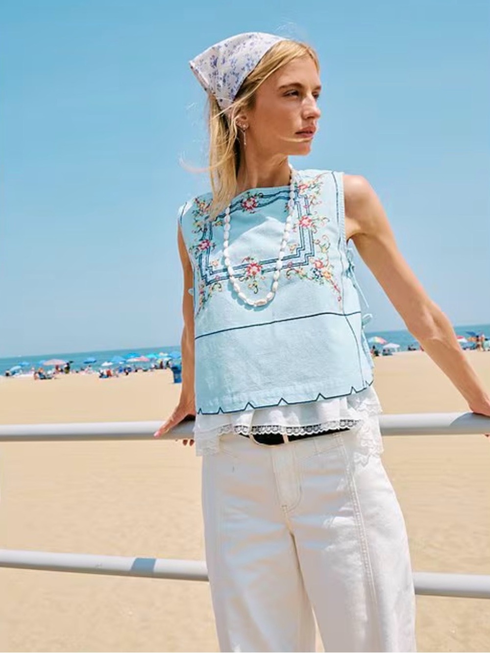 Free People Light Blue Embroidered Square-Neck Tie-Side Tank - Picture 4 of 10